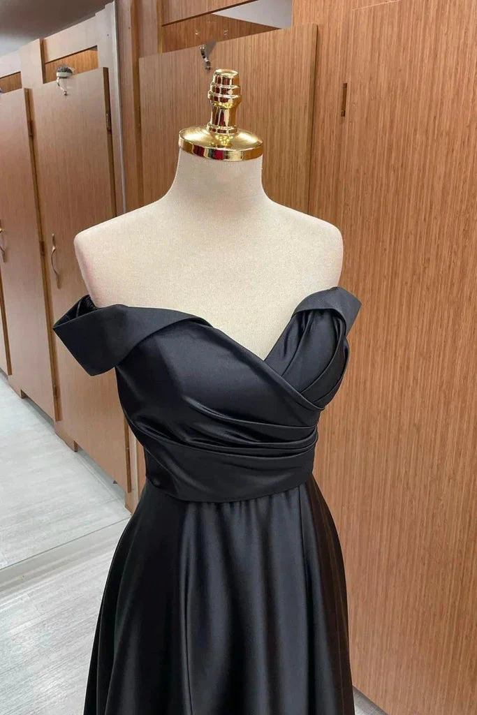 Off Shoulder Black Satin Long Prom Dress, Long Black Formal Graduation Evening Dress Y201 by simplepromdress