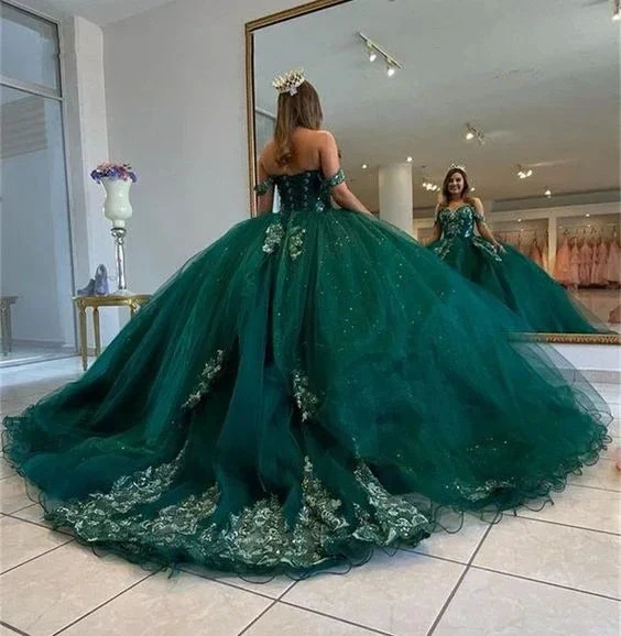 Emerald Green Quinceanera Dresses for Sweet 15 Year Ball Gown Sexy Off the Shoulder Puffy Lace Appliques Princess Dress Y6596 by simplepromdress