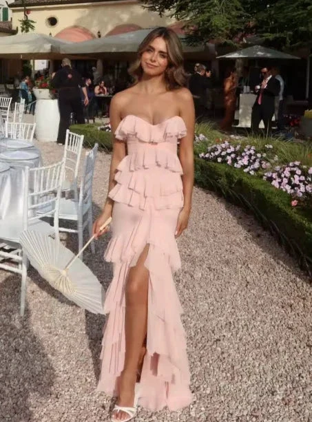 Charming Pink Chiffon Ruffles Tiered Evening Dress Slit Mermaid Prom Party Dress Y8006 by simplepromdress