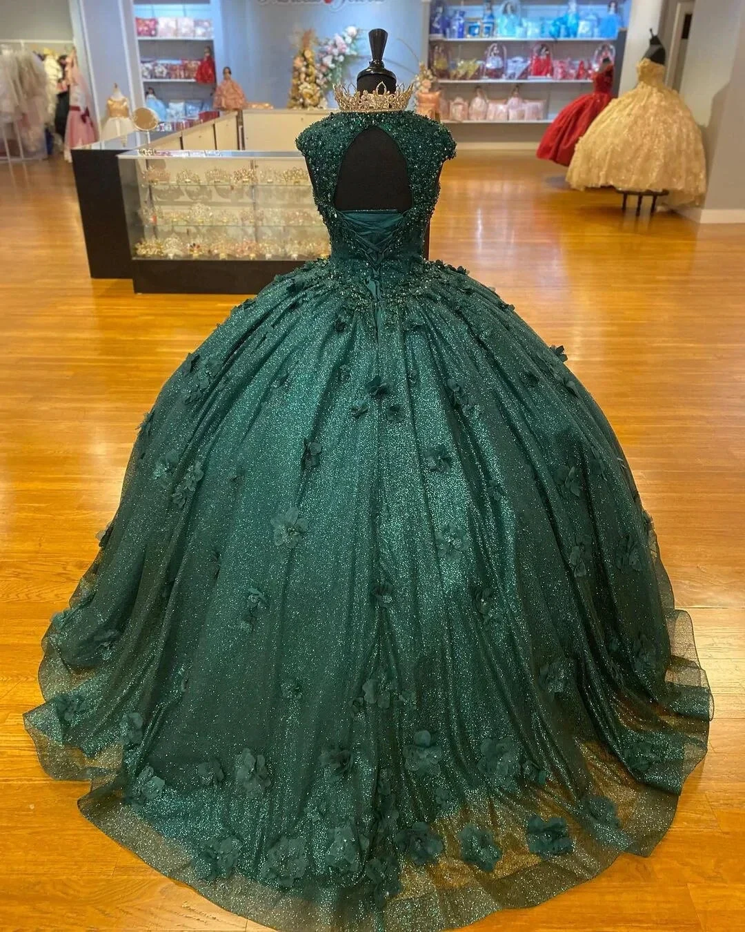 Green Princess Ball Gown Quinceanera Dresses Sweet 15 Party 3D Flowers Lace Applique Crystal Beads Sequin Birthday Gowns Y606 by simplepromdress
