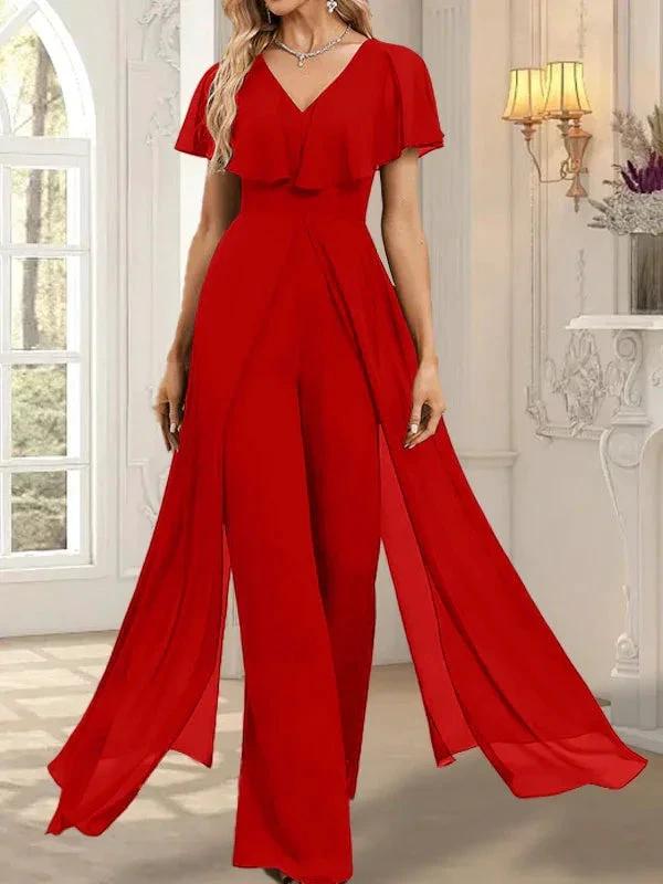 Jumpsuit/Pantsuit V-Neck Floor-Length Chiffon Evening Dress by Dreamylily