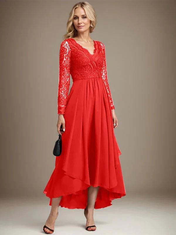 A-line V-Neck Asymmetrical Lace Chiffon Mother of the Bride Dress by Dreamylily
