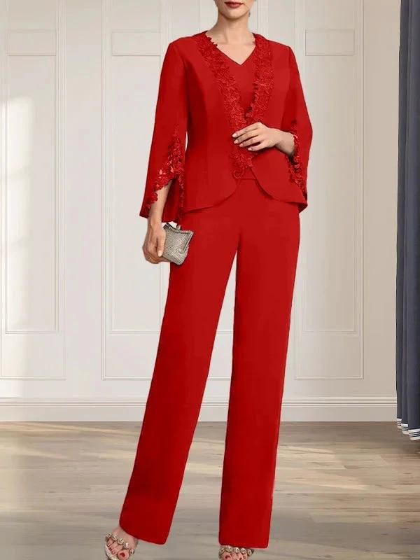 Separates Jumpsuit/Pantsuit V-Neck Floor-Length Chiffon Mother of the Bride Dress by Dreamylily
