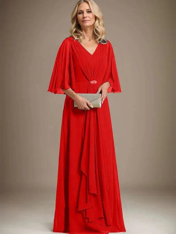 A-line V-Neck Floor-Length Chiffon Mother of the Bride Dress With Cascading Ruffles Crystal Brooch by Dreamylily