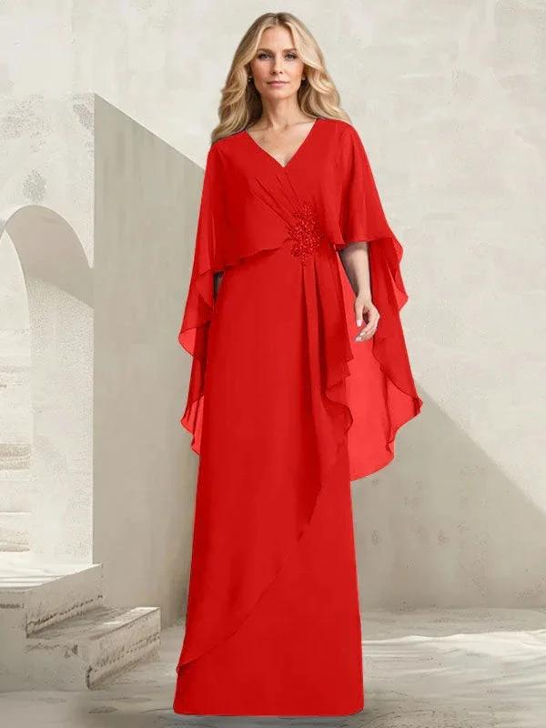 A-line V-Neck Floor-Length Chiffon Mother of the Bride Dress With Cascading Ruffles Beading by Dreamylily