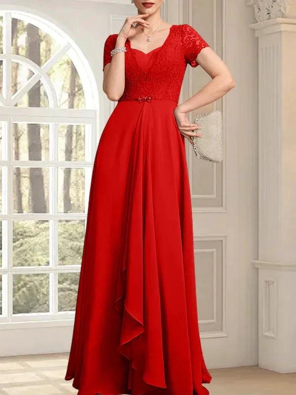 A-line Sweetheart Floor-Length Chiffon Lace Mother of the Bride Dress With Beading Cascading Ruffles by Dreamylily