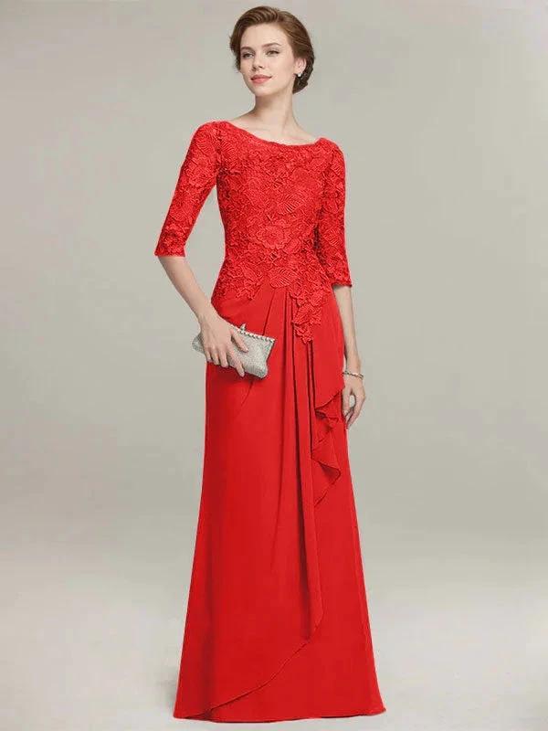 A-line Scoop Illusion Floor-Length Lace Chiffon Mother of the Bride Dress With Cascading Ruffles by Dreamylily