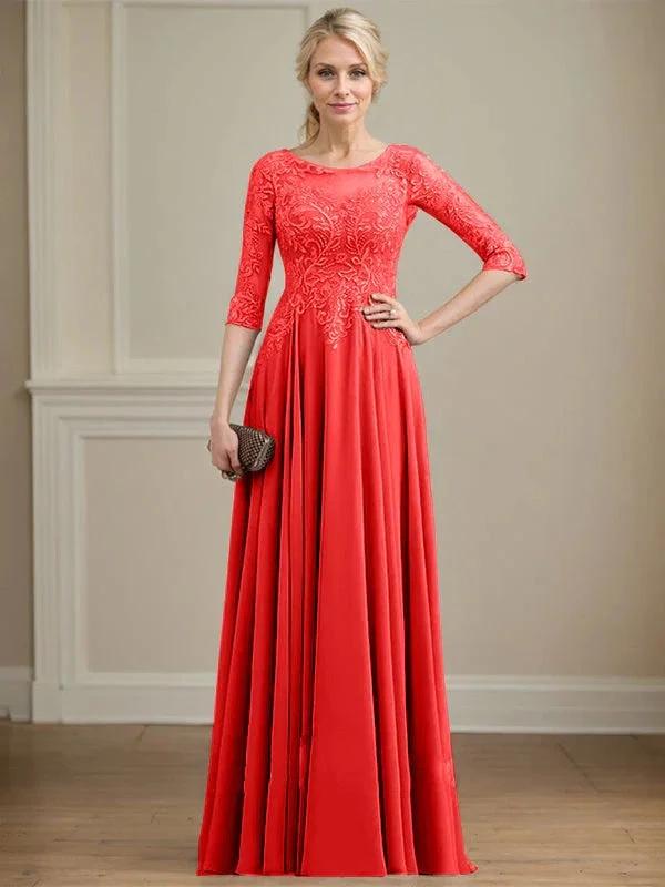 A-line Scoop Illusion Floor-Length Lace Chiffon Mother of the Bride Dress With Sequins by Dreamylily