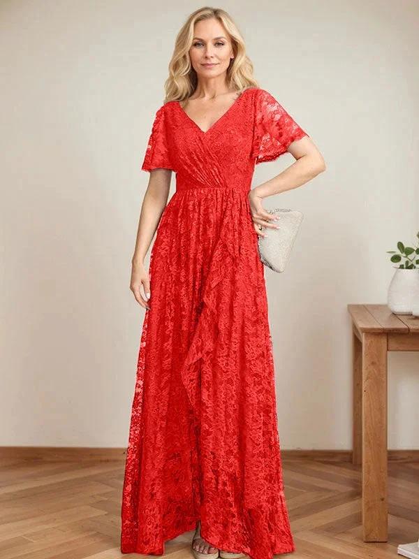 A-Line V-Neck Asymmetrical Lace Mother of the Bride Dress With Cascading Ruffles by Dreamylily