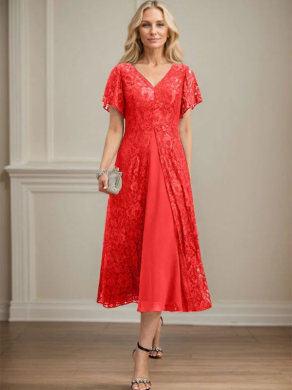 A-line V-Neck Tea-Length Lace Chiffon Mother of the Bride Dress by Dreamylily