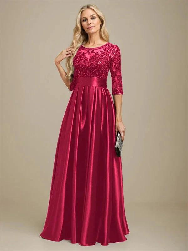 A-line Scoop Illusion Floor-Length Stretch Satin Lace Mother of the Bride Dress With Bow Sequins by Dreamylily