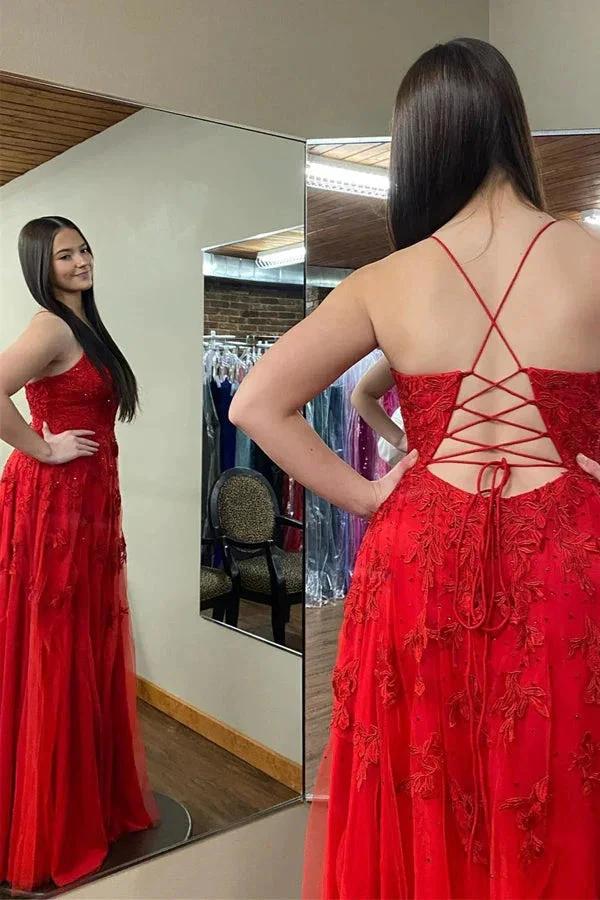 Red Plunging V Neck Floral Appliques Long Prom Dress with Slit PSK485 by pgmdress