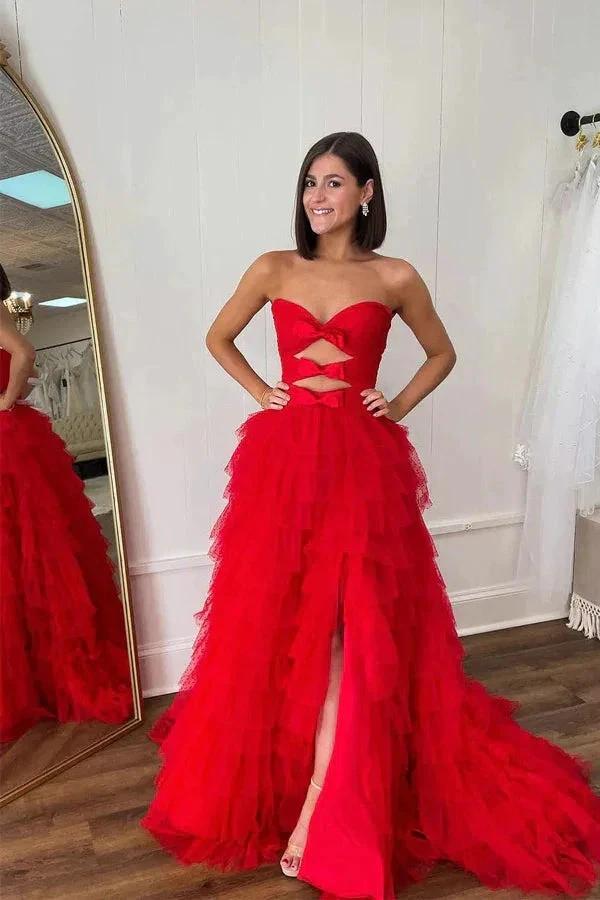 Red Strapless A-line Layers Bows Long Prom Dress with Slit PSK513 by pgmdress