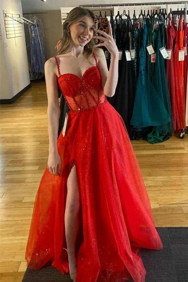 Straps Beaded A-Line Sparkly Red Prom Dress with Split PSK503 by pgmdress