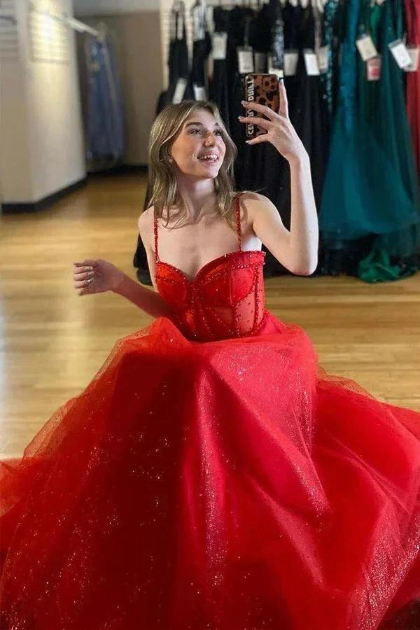 Straps Beaded A-Line Sparkly Red Prom Dress with Split PSK503 by pgmdress