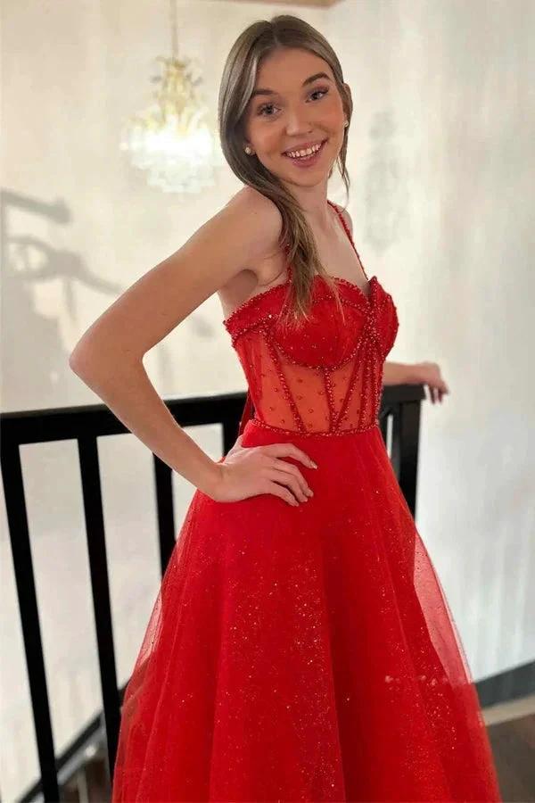 Straps Beaded A-Line Sparkly Red Prom Dress with Split PSK503 by pgmdress