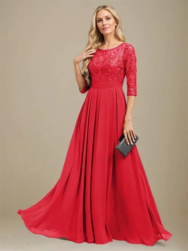 A-Line Scoop Floor-Length Lace Chiffon Mother Of the Bride Dress With Sequins Applique by Dreamylily