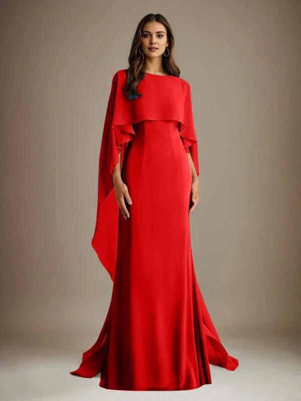 Sheath/Column Boatneck Floor-Length Chiffon Mother of the Bride Dress With Cascading Ruffles by Dreamylily