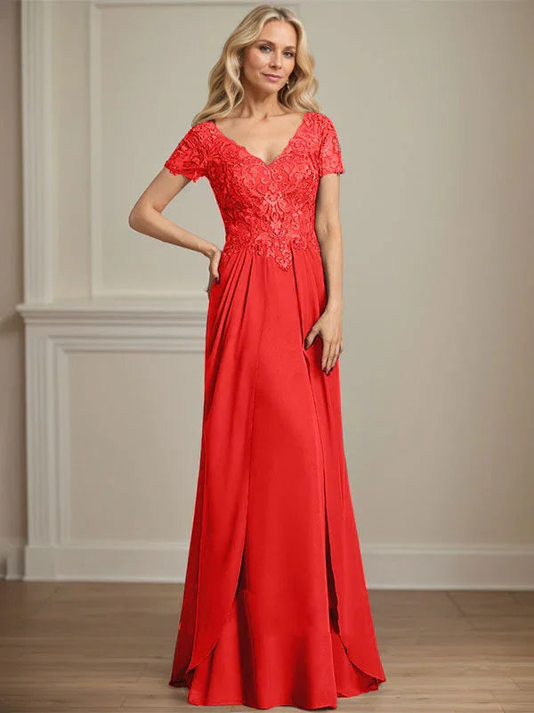 A-line V-Neck Floor-Length Chiffon Lace Mother of the Bride Dress by Dreamylily
