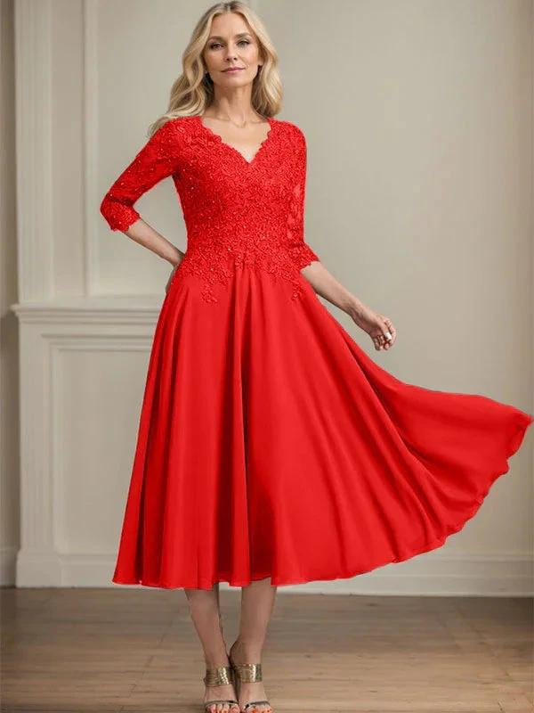 A-line V-Neck Tea-Length Chiffon Lace Mother of the Bride Dress With Beading Sequins by Dreamylily