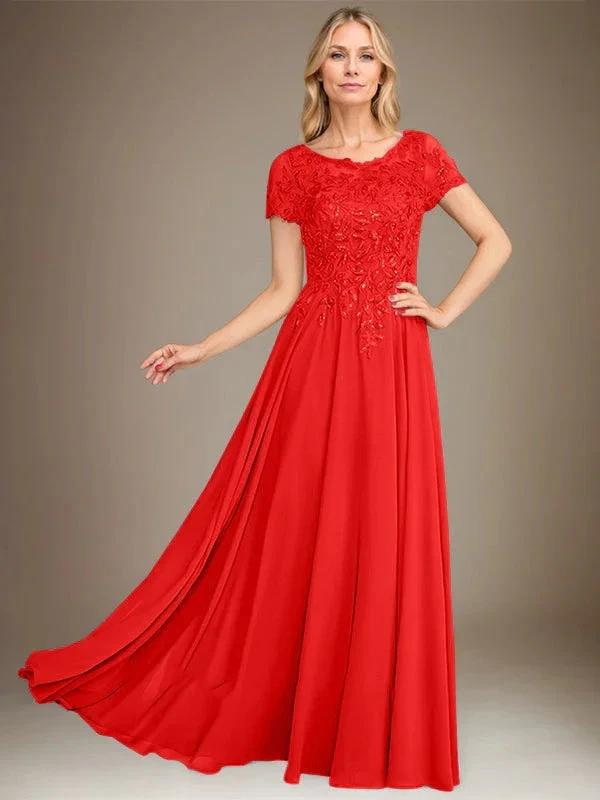 A-Line Scoop Floor-Length Chiffon Mother of the Bride Dress With Applique &amp; Sequins by Dreamylily