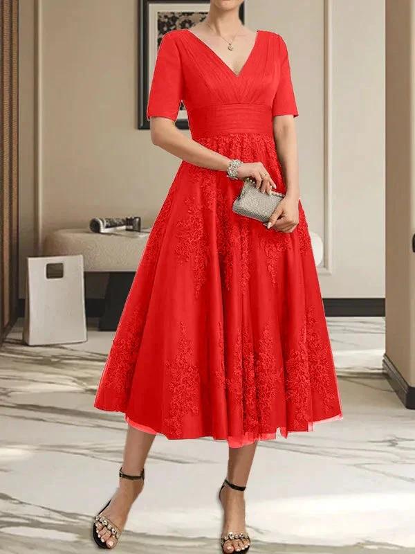 A-line V-Neck Tea-Length Tulle Lace Mother of the Bride Dress With Pleated by Dreamylily