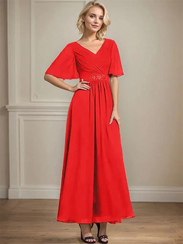 A-line V-Neck Ankle-Length Chiffon Mother of the Bride Dress With Pleated Beading Sequins by Dreamylily