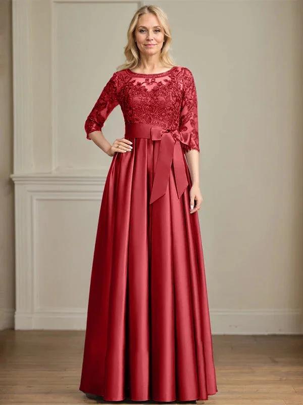 A-line Scoop Illusion Floor-Length Satin Lace Mother of the Bride Dress With Sequins Bow by Dreamylily