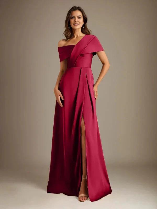 A-Line Asymmetrical Neckline Floor-Length Satin Mother of the Bride Dress With Pleated by Dreamylily