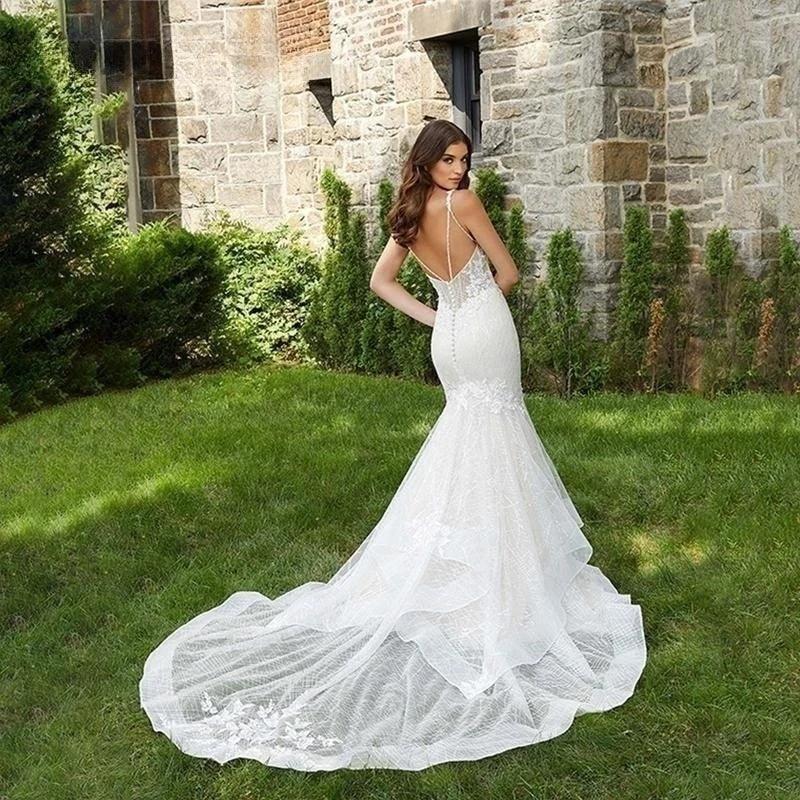 Romantic Wedding Dress Sexy Deep V-Neck Vestidos De Novia Appliques Vestido De Noiva Backless Custom Made Lace Robe De Mariée by payinti