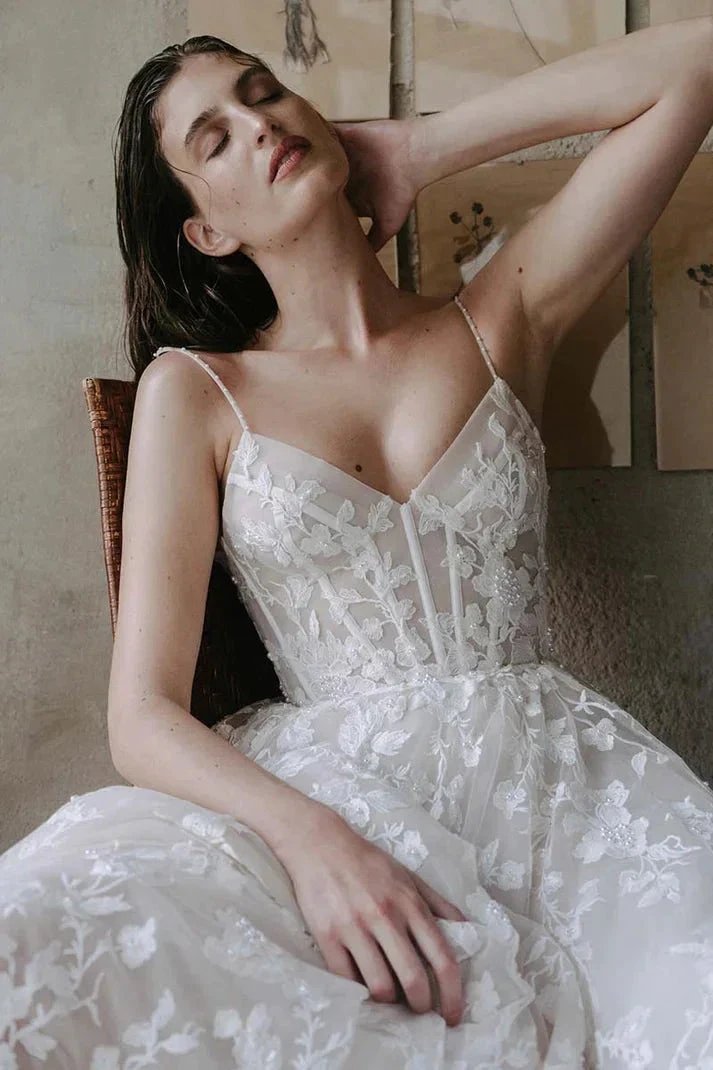 Romantic Straps V-neck Lace Appliques Bohemian Wedding Gown WD685 by pgmdress