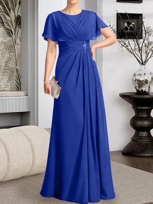 A-line Scoop Floor-Length Chiffon Mother of the Bride Dress With Pleated Beading by Dreamylily