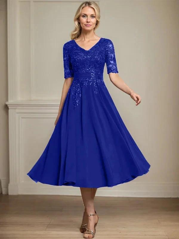A-line V-Neck Tea-Length Lace Chiffon Mother of the Bride Dress With Sequins by Dreamylily