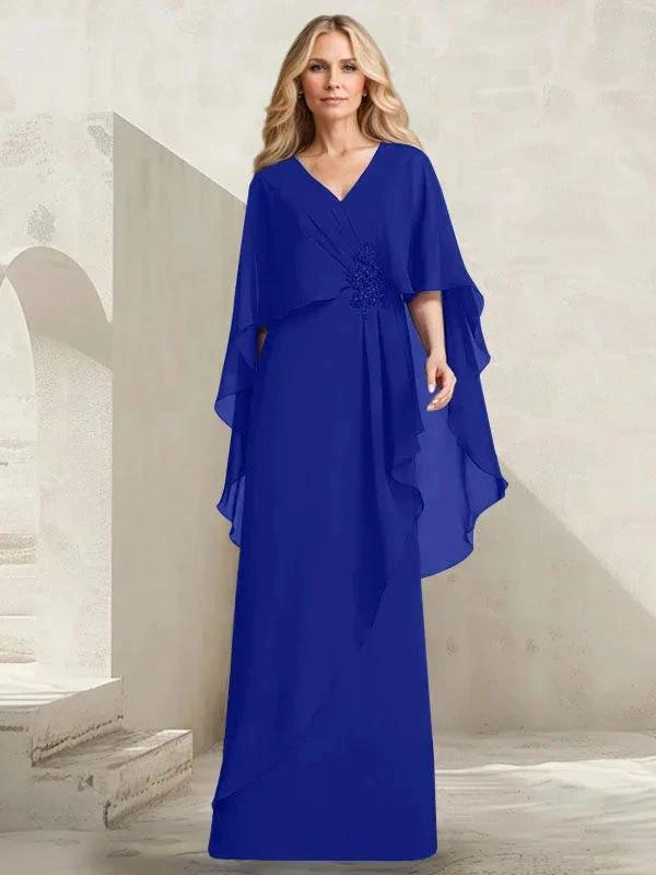 A-line V-Neck Floor-Length Chiffon Mother of the Bride Dress With Cascading Ruffles Beading by Dreamylily