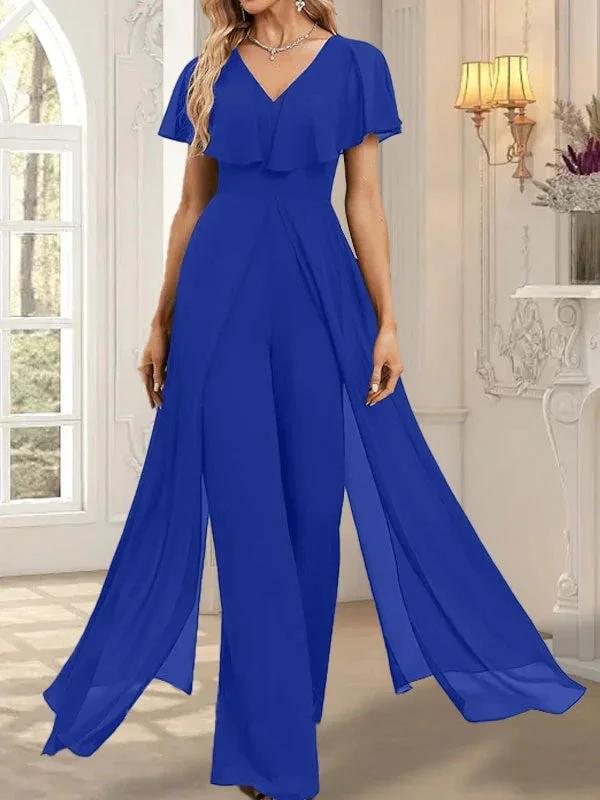 Jumpsuit/Pantsuit V-Neck Floor-Length Chiffon Evening Dress by Dreamylily