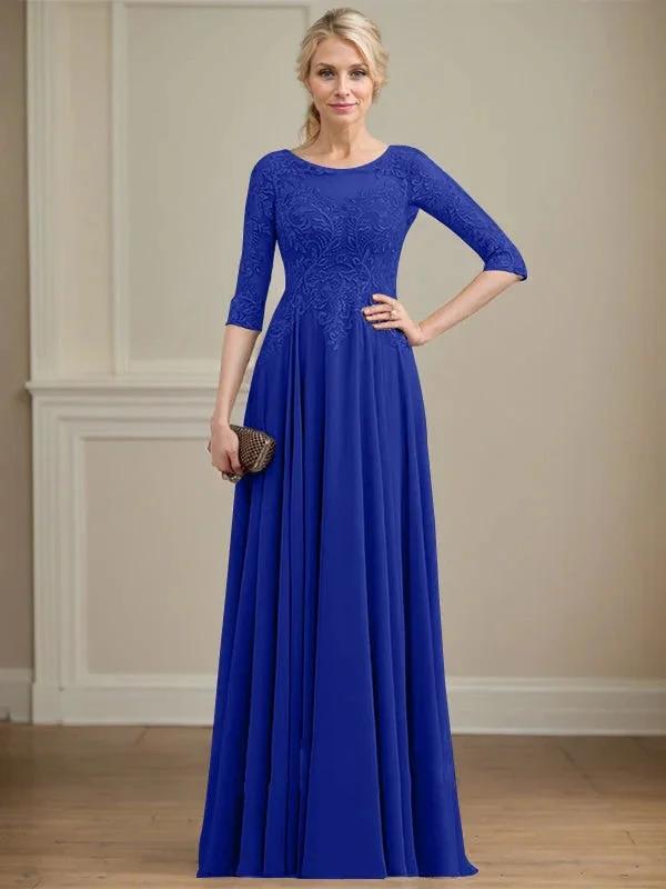 A-line Scoop Illusion Floor-Length Lace Chiffon Mother of the Bride Dress With Sequins by Dreamylily