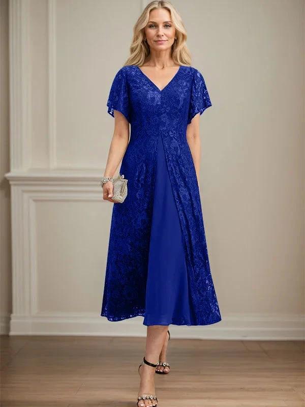 A-line V-Neck Tea-Length Lace Chiffon Mother of the Bride Dress by Dreamylily
