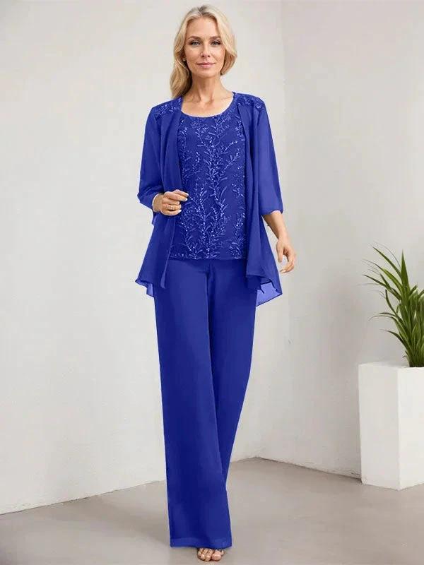 Separates Jumpsuit/Pantsuit Scoop Floor-Length Lace Chiffon Mother of the Bride Dress With Sequins by Dreamylily