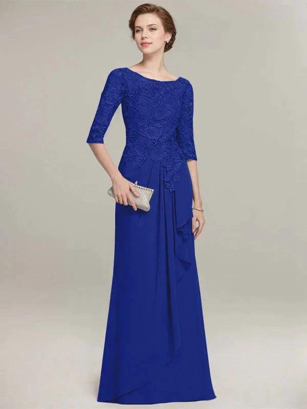 A-line Scoop Illusion Floor-Length Lace Chiffon Mother of the Bride Dress With Cascading Ruffles by Dreamylily