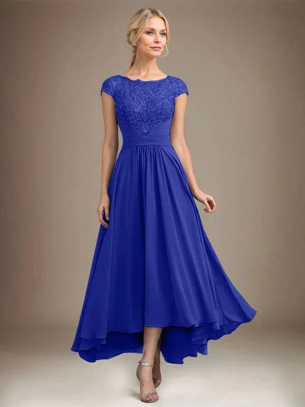 A-line Scoop Illusion Asymmetrical Lace Chiffon Mother of the Bride Dress With Pleated by Dreamylily