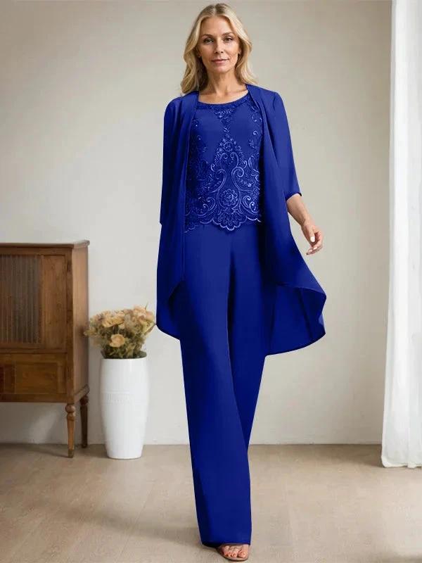Separates Jumpsuit/Pantsuit Scoop Floor-Length Chiffon Lace Mother of the Bride Dress With Beading Sequins by Dreamylily