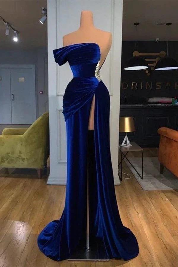 Royal Blue Off the shoulder Long Mermaid Velvet Prom Evening Dress with Split by BIZTUNNEL