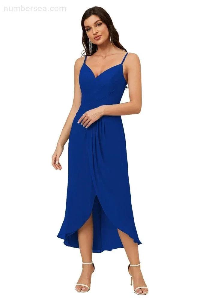 Numbersea Spaghetti Chiffon V Neck Bridesmaid Dress Mid-Length Slit Formal Prom Dress Homecoming Dress 2803 by numbersea