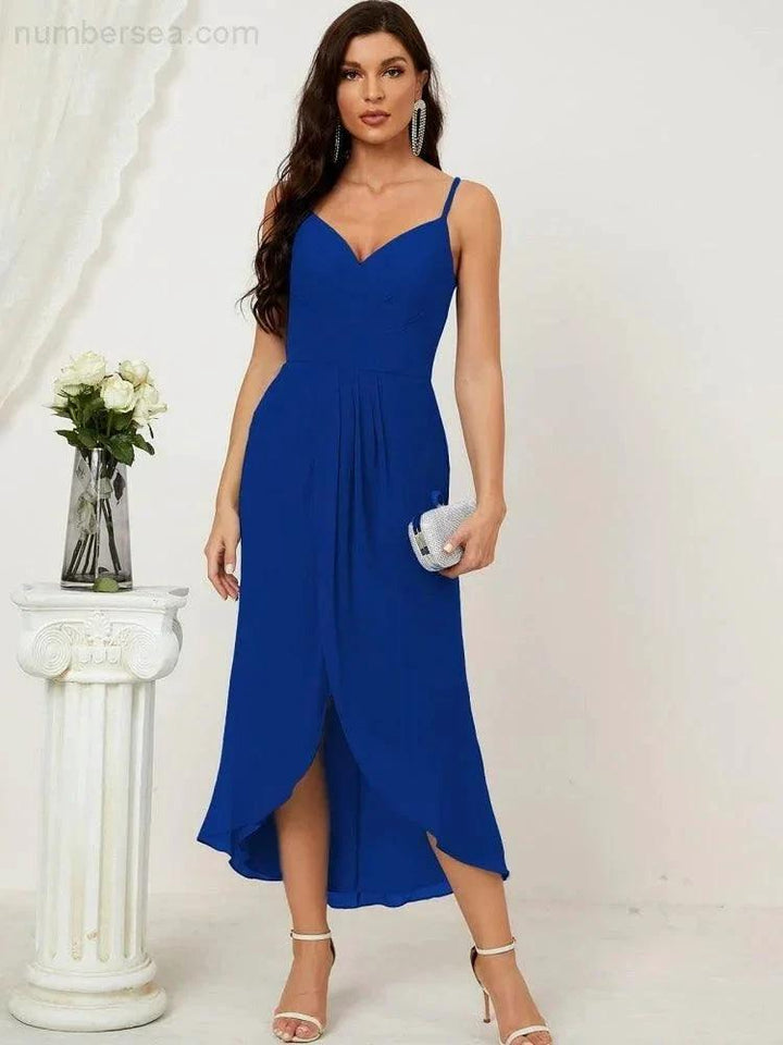 Numbersea Spaghetti Chiffon V Neck Bridesmaid Dress Mid-Length Slit Formal Prom Dress Homecoming Dress 2803 by numbersea