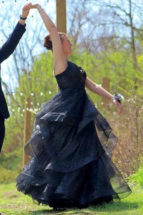 Royal Blue Sparkle Tulle V-Neck Multi-Layer Long Prom Dress PSK510 by pgmdress