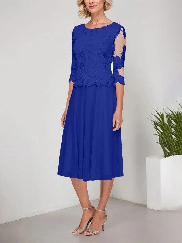 A-line Scoop Tea-Length Lace Chiffon Mother of the Bride Dress With Embroidery by Dreamylily