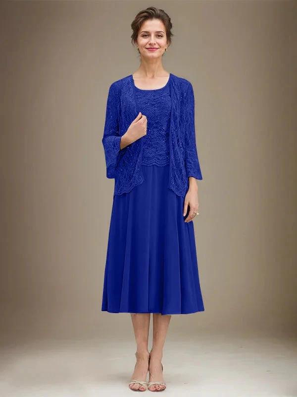 A-line Scoop Tea-Length Lace Chiffon Mother of the Bride Dress With Sequins by Dreamylily