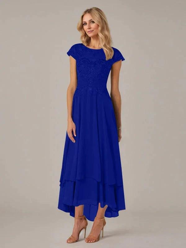 A-line Boat Neck Illusion Asymmetrical Chiffon Lace Mother of the Bride Dress With Applique Pleats by Dreamylily