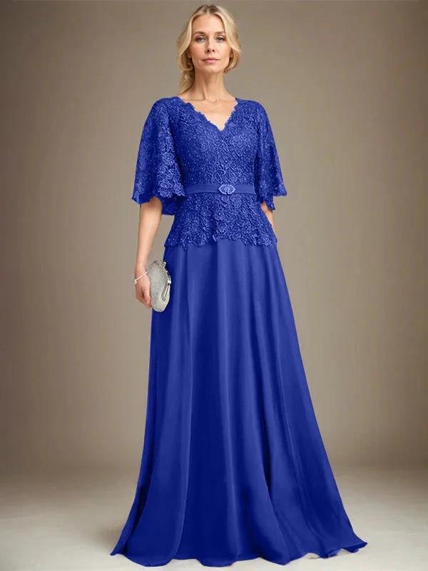 A-line V-Neck Floor-Length Chiffon Lace Mother of the Bride Dress With Crystal Brooch Rhinestone by Dreamylily