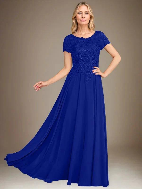 A-Line Scoop Floor-Length Chiffon Mother of the Bride Dress With Applique &amp; Sequins by Dreamylily